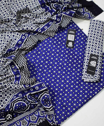 Summer Cotton Sindhi Ajrak Printed 3 Piece Unstitched Suit for Women #1