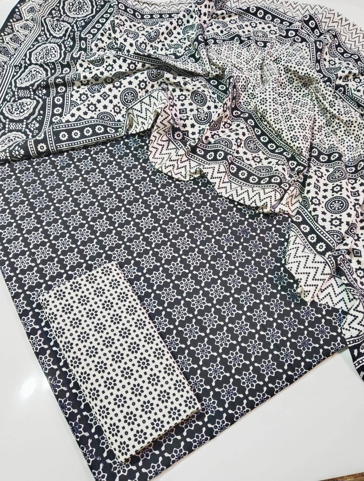 Summer Cotton Sindhi Ajrak Printed 3 Piece Unstitched Suit for Women #1