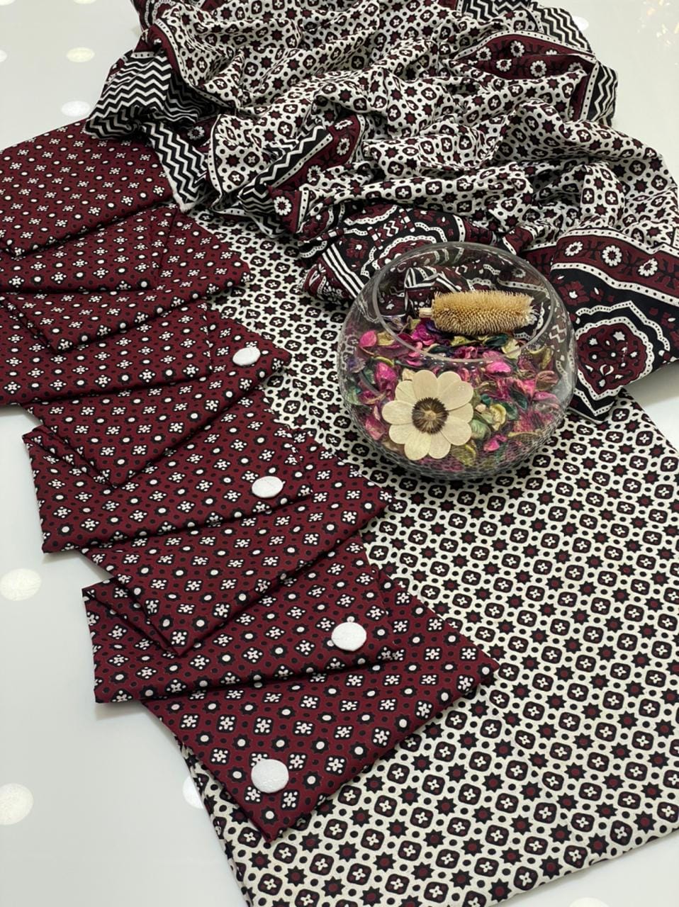 Summer Cotton Sindhi Ajrak Printed 3 Piece Unstitched Suit for Women #1