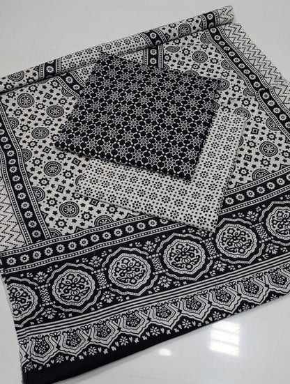 Summer Cotton Sindhi Ajrak Printed 3 Piece Unstitched Suit for Women #1